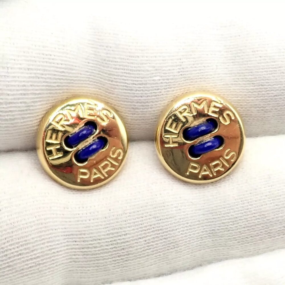 Rare! Vintage Authentic Hermes Paris 18k Yellow Gold Mens Lapis Button Cufflinks - Picture 6 of 11
